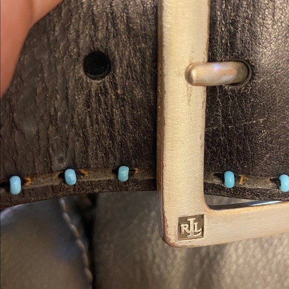 RLL Vintage Black Leather Belt with Gold/Silver Buckle and Turquoise beads - Picture 3 of 8